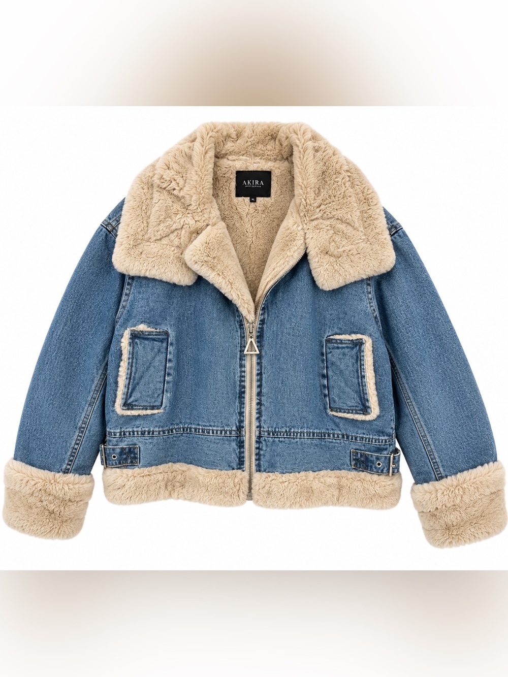 AKIRA Blue Denim Jacket with Cream Faux Shearling Trim